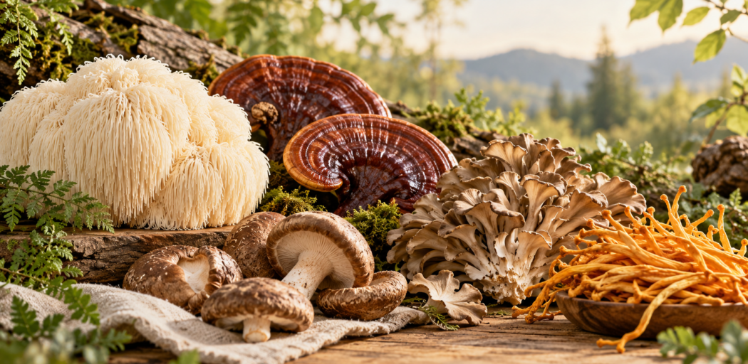 Lion's mane, reishi, maitake, shiitake and cordyceps arranged in natural morning light