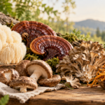Lion's mane, reishi, maitake, shiitake and cordyceps arranged in natural morning light