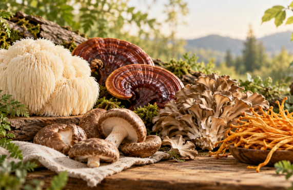 Lion's mane, reishi, maitake, shiitake and cordyceps arranged in natural morning light