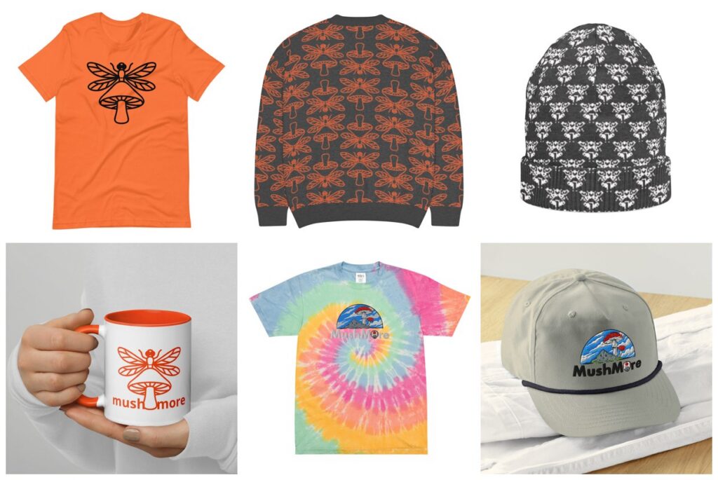 Mushmore merch: tees, sweater, beanie, mug and cap